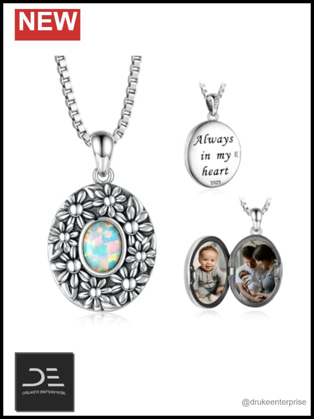925 Sterling Silver Locket Necklace Opal Daisy Women Pendant Jewelry Gift
